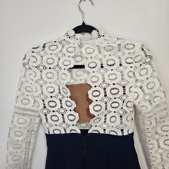 Self-Portrait White Guipure Lace A-Line Mini Dress White Navy Blue - Picture 8 of 13